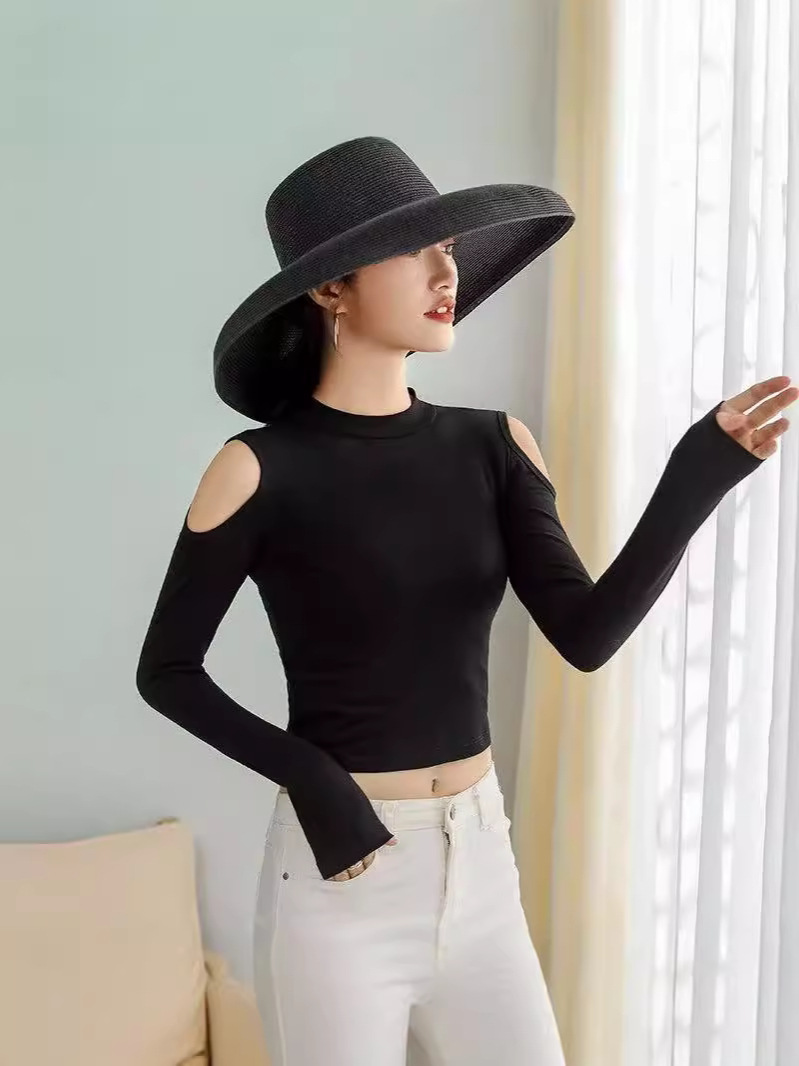 Picture of Shoulder Top Women's Long-sleeved Black New Arrival Navel Wear Autumn and Winter Semi-high Collar Base Shirt Women's Tight T-shirt Fashionable Cotton T-shirt