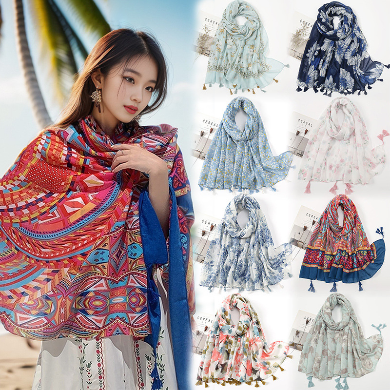 New Artistic Fresh Cotton and Linen Retro Tassel Scarf Women's Printed Beautiful Silk Scarf Japanese Sunscreen Shawl