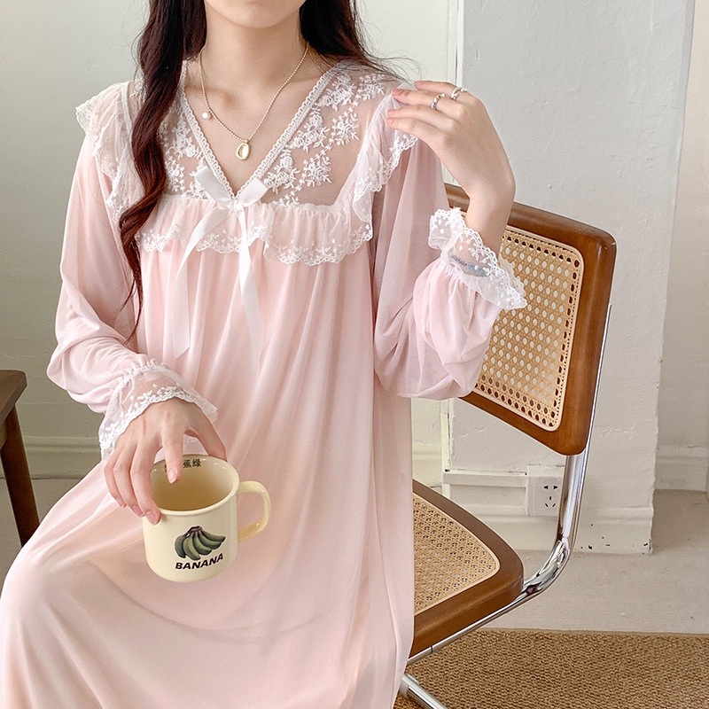 Picture of Spring and Autumn Nightgown Women's French Style Lace Long-Sleeved Vintage Palace Style Loose plus size Pajamas Mid-Length Home Clothes