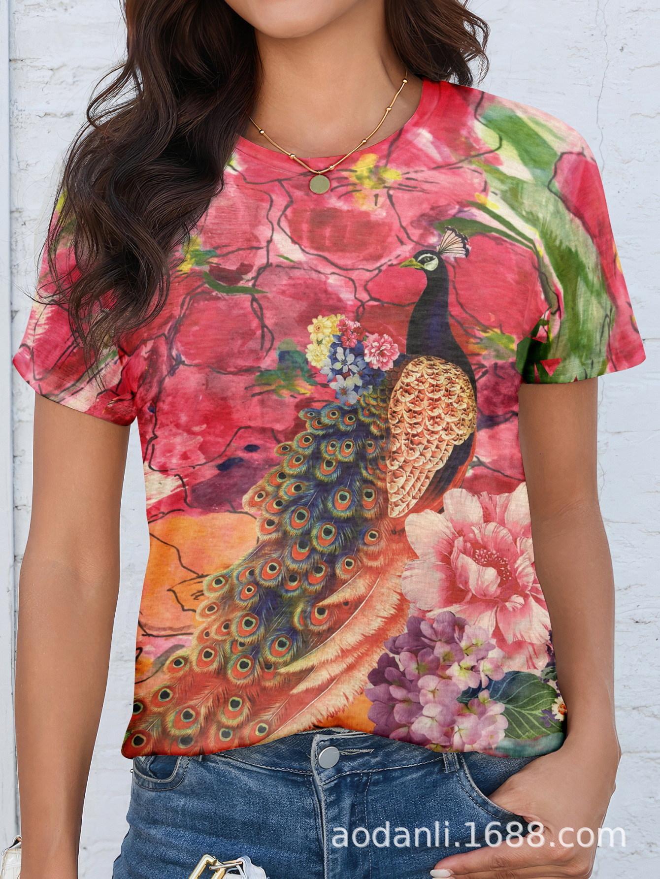 Summer Clothing Cross-Border Foreign Trade Women's Clothing All-Over Printed Baby Cotton Peacock Pattern Elegant Slim-Fit Round Neck Short-Sleeved T-Shirt