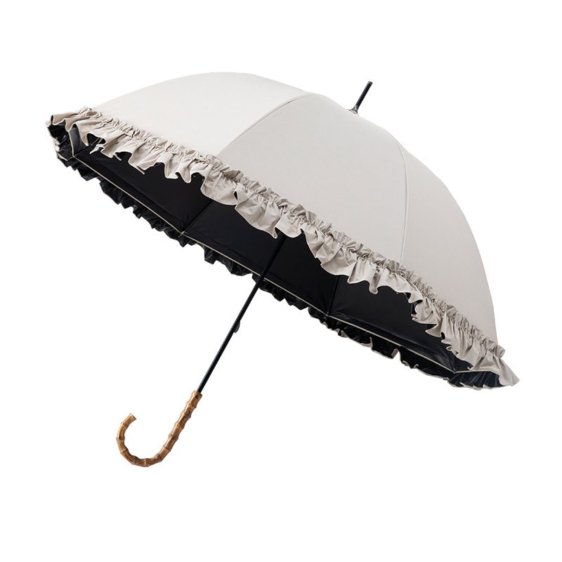 Picture of Large Lace Vinyl Sun Protection Umbrella Anti-Uv Parasol Bamboo Curved Handle Straight Umbrella Manual Sunny Umbrella Wholesale