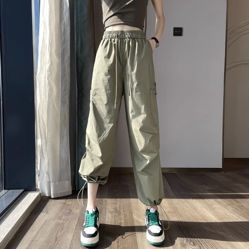 American-style ice silk quick-drying overalls women's 2023 Summer thin high waist breathable ankle-length sports casual pants