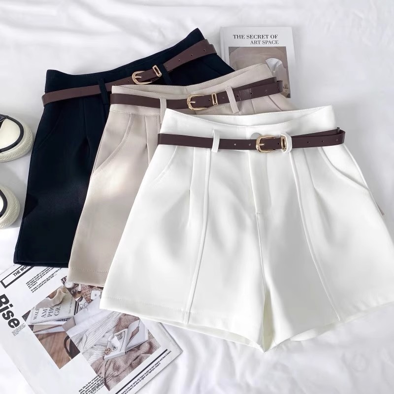 New Fashion All-match Solid Color High Waist Slimming Suit Shorts Wide Leg Pants Casual Pants with Belt Women's 2025 Summer