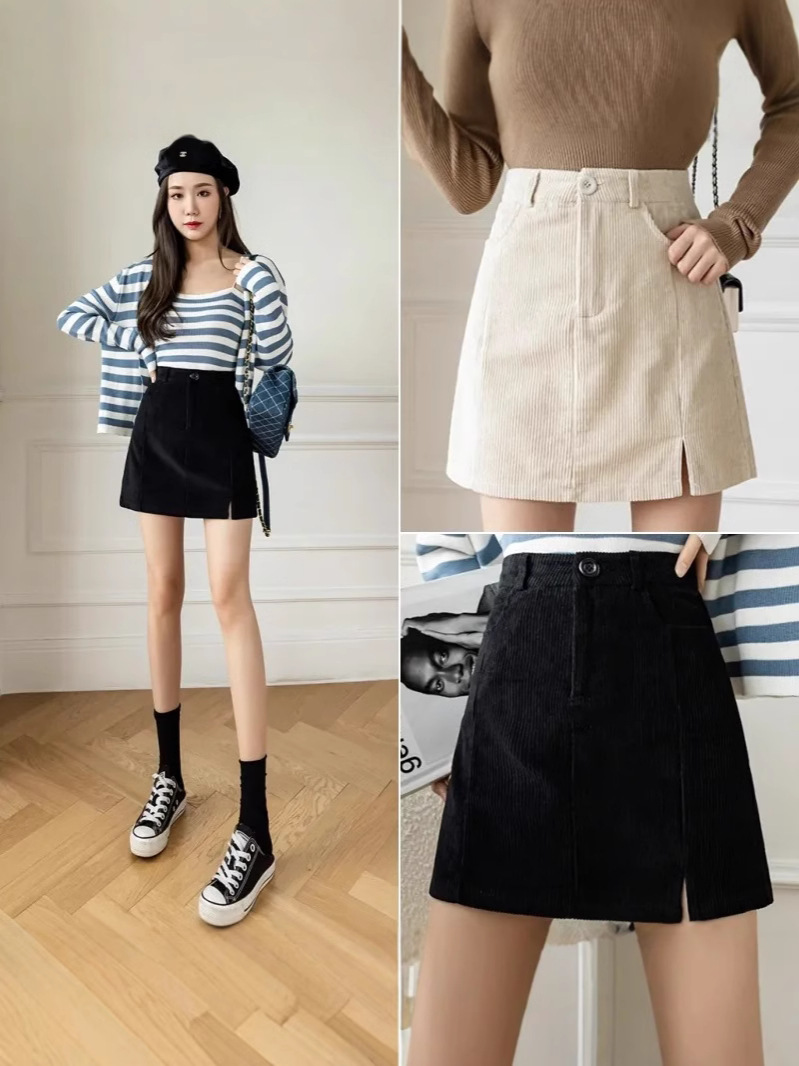 Retro Corduroy Skirt Spring and Autumn 2024 New Women's Split Black Short Skirt Word Slim Hip Skirt A Word