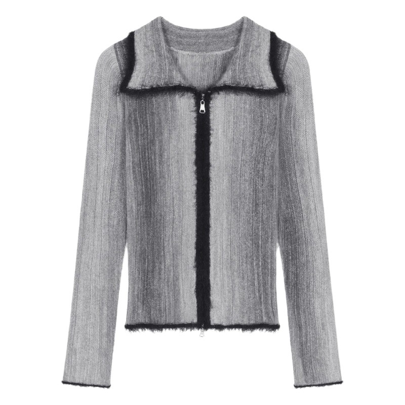 Gradient color knitted cardigan women's autumn and winter inner double zipper sweater lapel chic beautiful short bottoming top