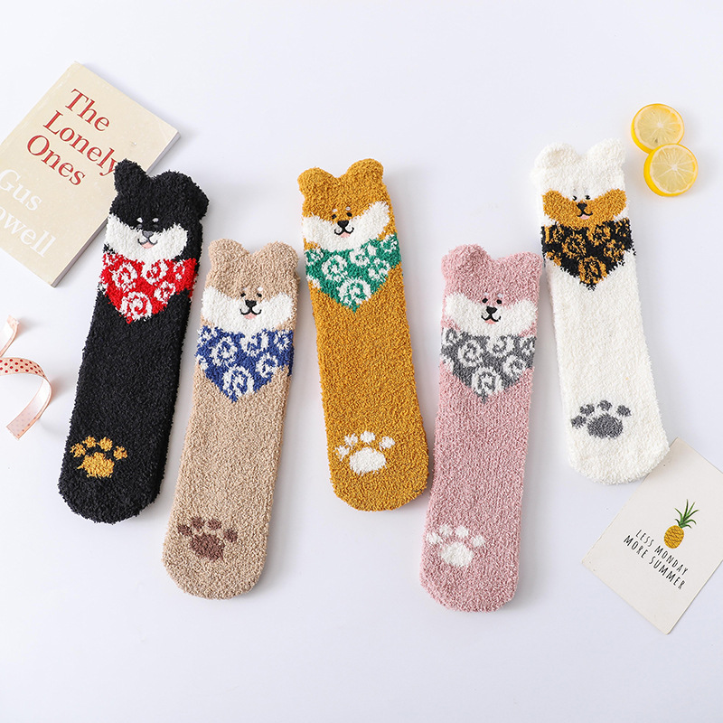 Picture of Winter Coral Fleece Sleep Socks Women Cute Puppy Cartoon Socks Thickened Warm Floor Socks Adult Towel Socks