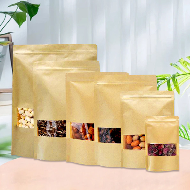 Kraft Paper Ziplock Bag Food Packaging Bag Snack Tea Sealed Bag Plastic Sealing Window Bag Wholesale