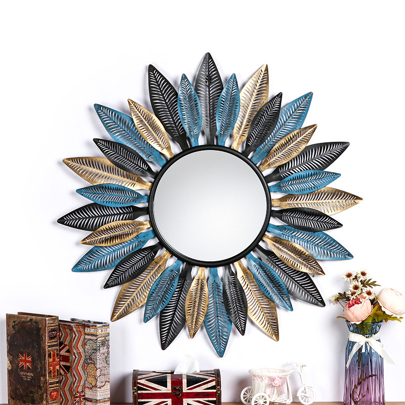 Country wrought iron mirror wall decoration three-dimensional wall decoration living room sofa background wall decoration porch decoration hanging mirror collection