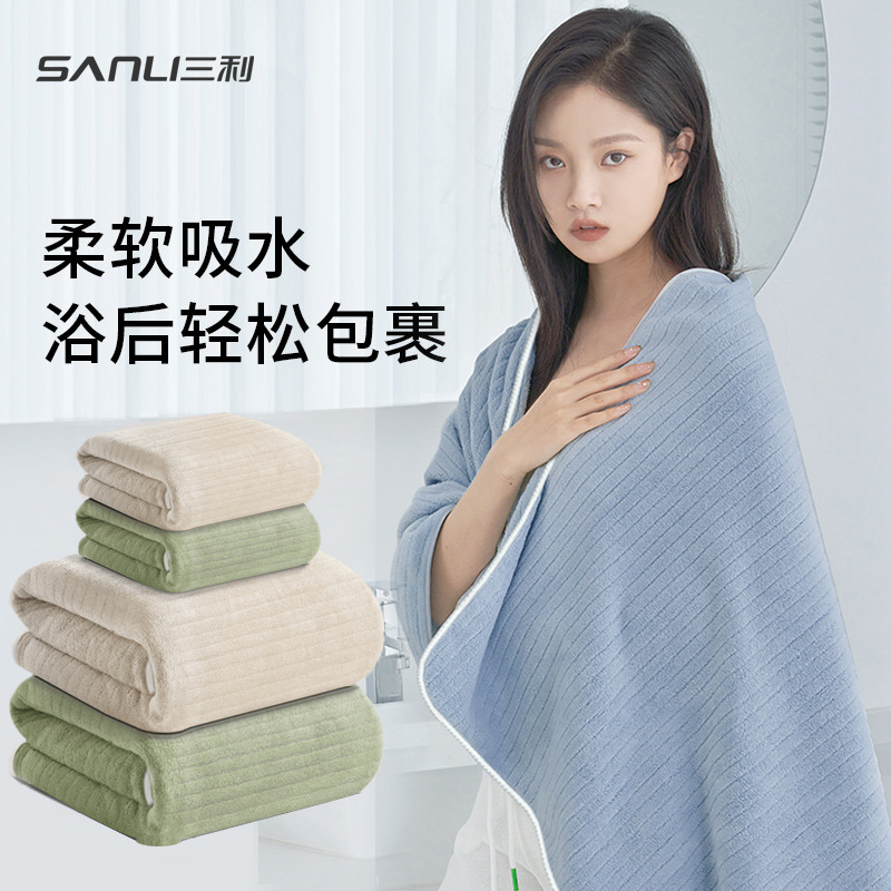 Picture of Sanli Towel Coral Fleece Bath Towel Adult Bath Towel Thickened Striped Bath Towel Wrap Bath Towel Couples Wearing Bath Towel