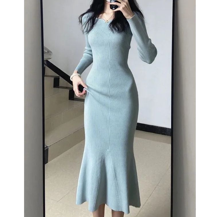 Blue Fishtail Knitted dress Women's Autumn and Winter Elegant Inner Base Hip Skirt Slim-fit Slimming Long Skirt