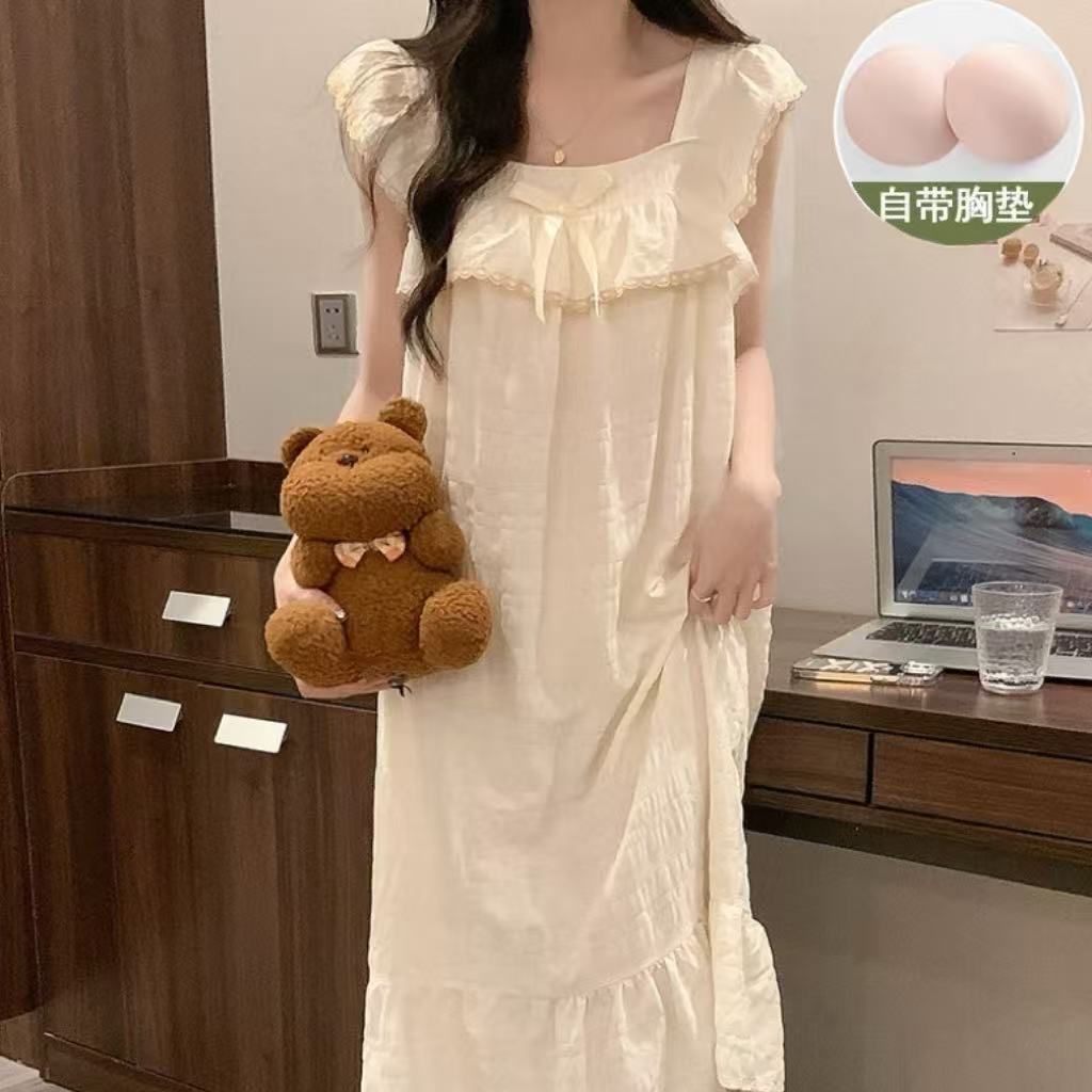 Summer New Style Small Flying Sleeve Nightgown, Sweet Princess Style Pajamas with Breast Pads for Women, Thin Jacquard Cloud Cotton Home Clothes