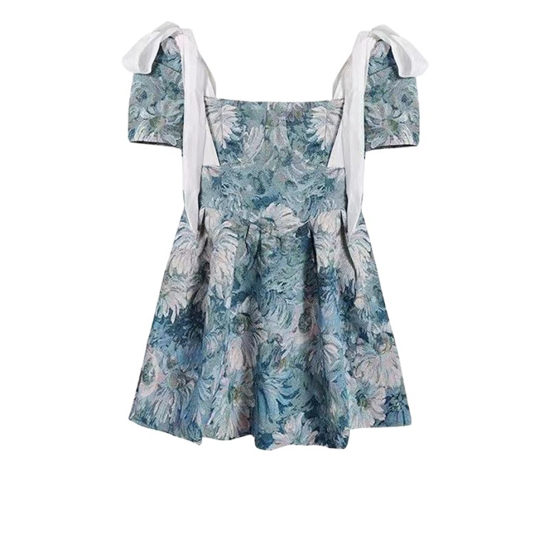 Floral dress Women's Summer French Style Elegant Short Waisted Skirt Niche Tutu Skirt Design Sense Sweet Puff Sleeve Skirt