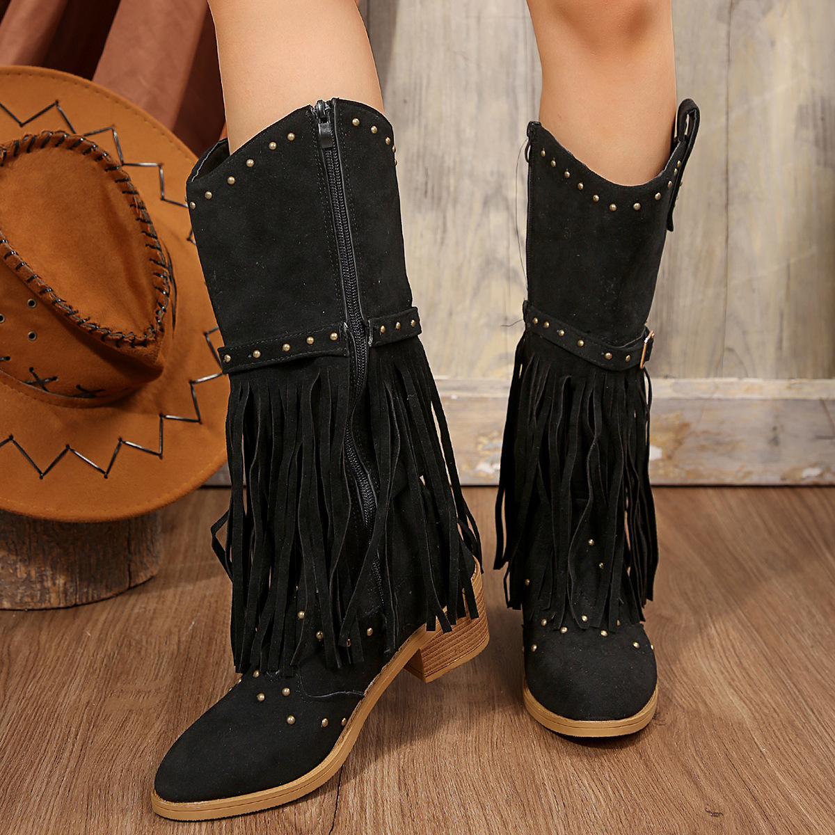 plus size Rider Boots Women's Tassel Boots European and American Retro Cross-border Autumn and Winter New Rivet Belt Buckle Foreign Trade Boots