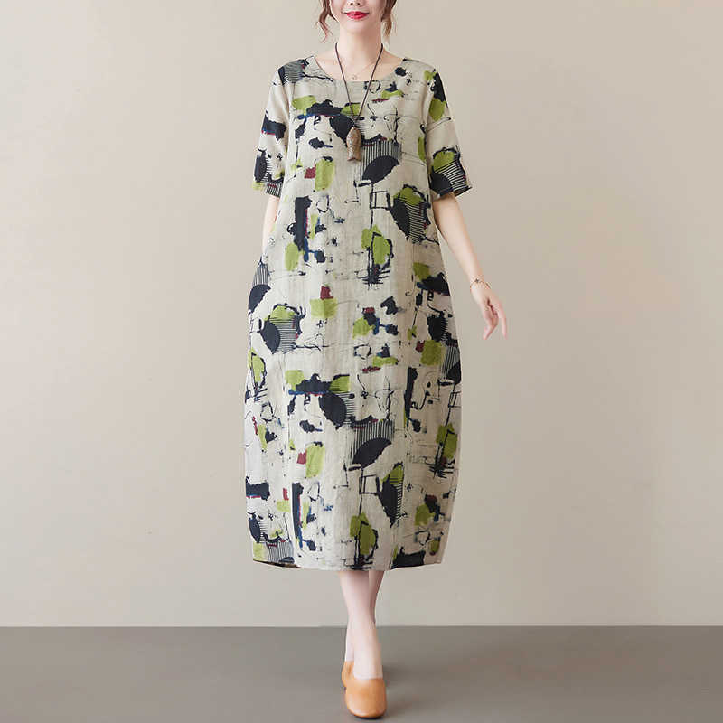 Picture of Summer New Fat mm Cotton and Linen Retro Printed Artistic Over-The-Knee Mid-Length Short-Sleeved Dress for Women with Elegant