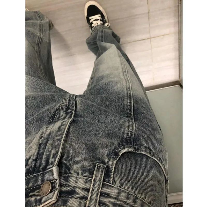 American-style retro high street double-pressure line design jeans for women 2022 New loose slimming straight wide-leg pants