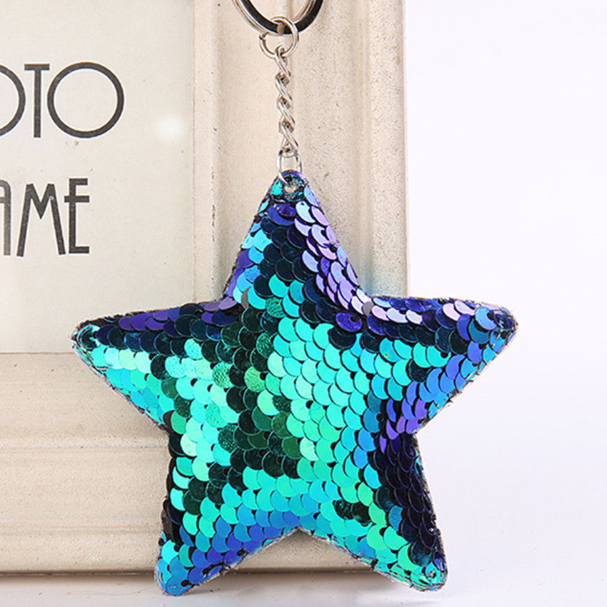 Five-pointed star sequins keychain pendant reflective bright star keychain five-pointed star PU car keychain jewelry