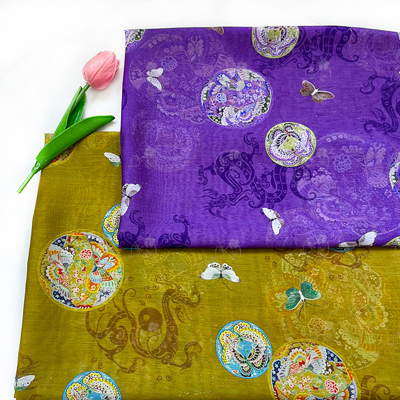 Double color butterfly dragon pattern gauze skirt, Hanfu shirt, cheongsam, new Chinese style Tencel linen fabric handmade DIY fabric