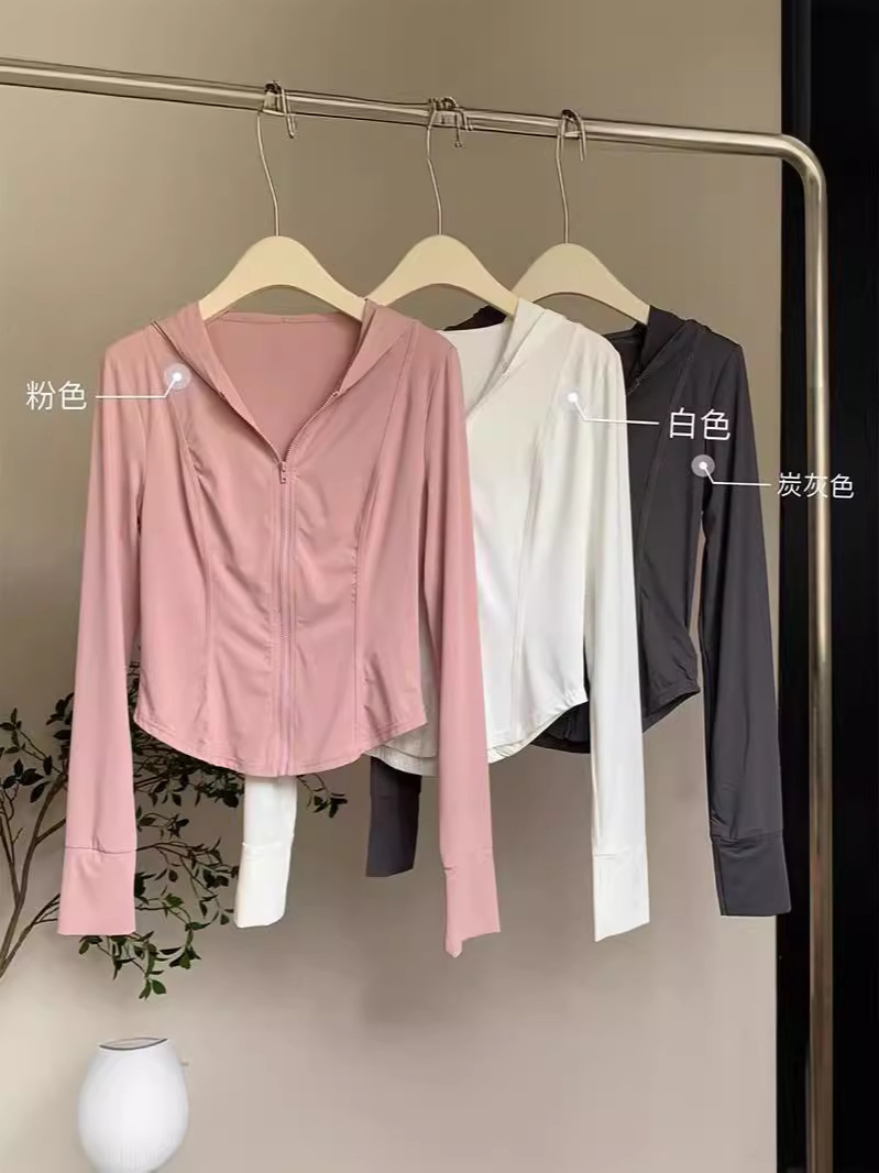 Factory Straight Hair Finger Buckle Pocket Ice Silk Sun Protection Clothing Slim-fit Hooded Jacket Zipper Sport Cardigan