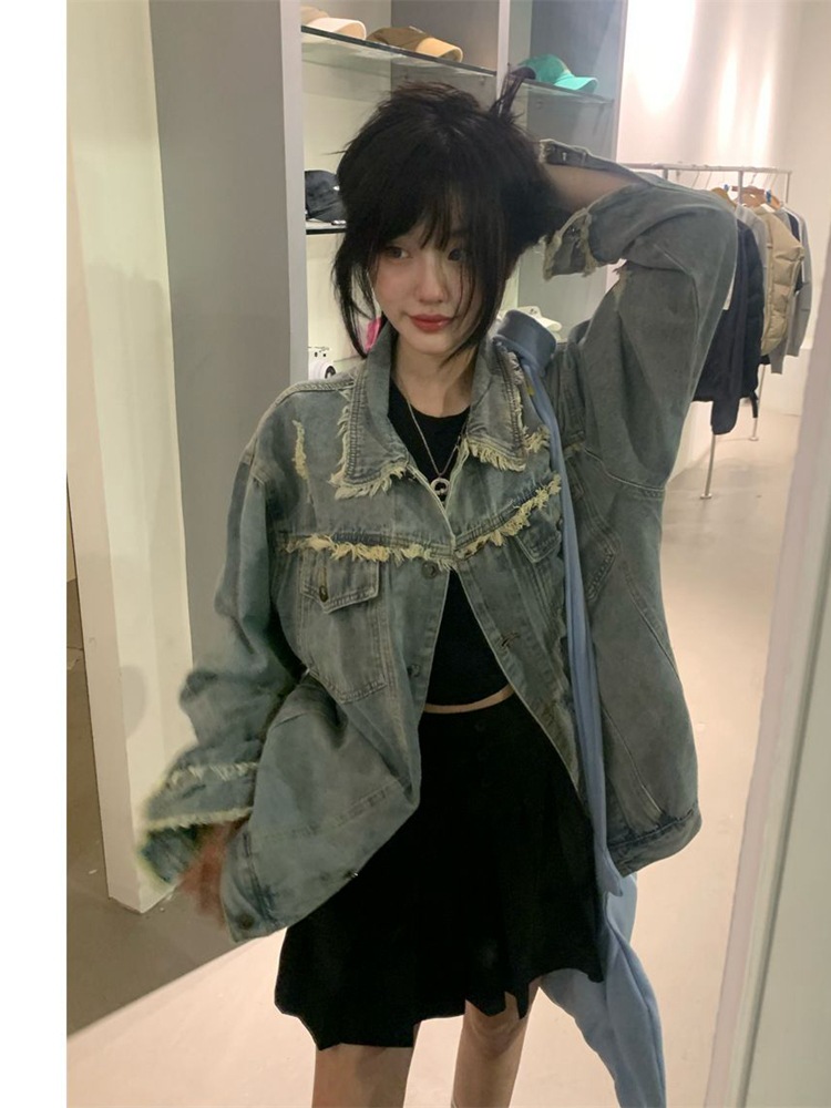 Picture of Korean Style Loose Ripped Edge Denim Jacket Women's Autumn 2023 New Design Sense Niche Jacket ins Top