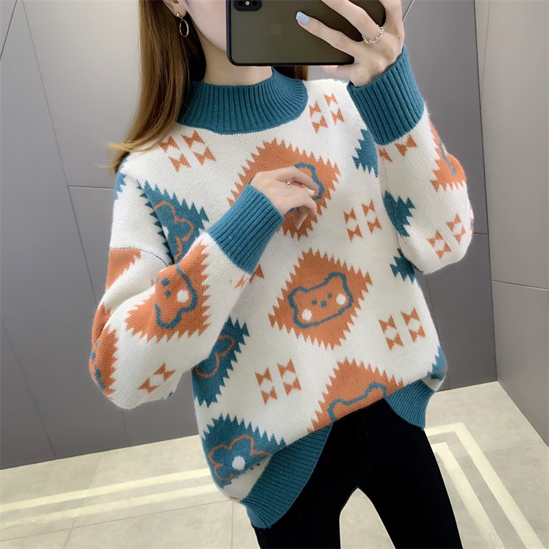 Picture of Thickened sweater women's autumn and winter 2024 new fashion jacquard loose half turtleneck bottoming sweater top