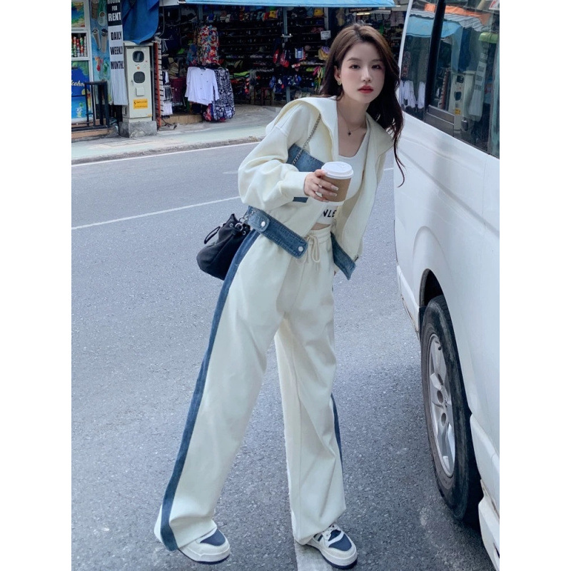 White Denim Splicing Casual Sports Suit for Women 2025 Spring & Fall Fashionable Age-Reducing Cardigan Hooded Contrasting Color Two-Piece Set