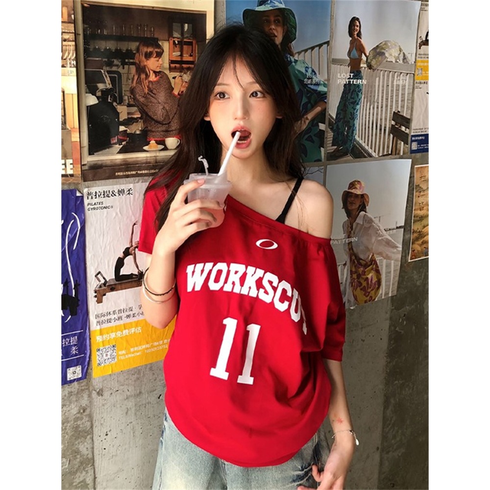 21 Pieces of Pure Cotton One-Shoulder Short-Sleeved Women's Summer Letter Printed American Sexy Off-Shoulder T-Shirt Loose Slimming Look Top