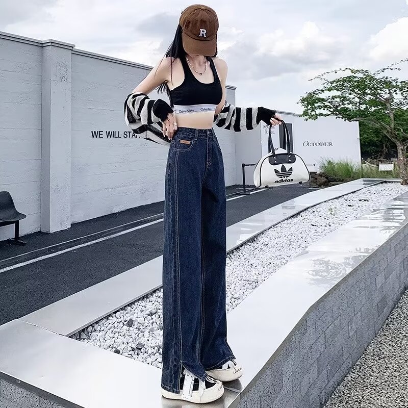 American Retro Split Wide Leg Jeans Women's 2024 New Summer High Waist Dosing Slim Straight Pants
