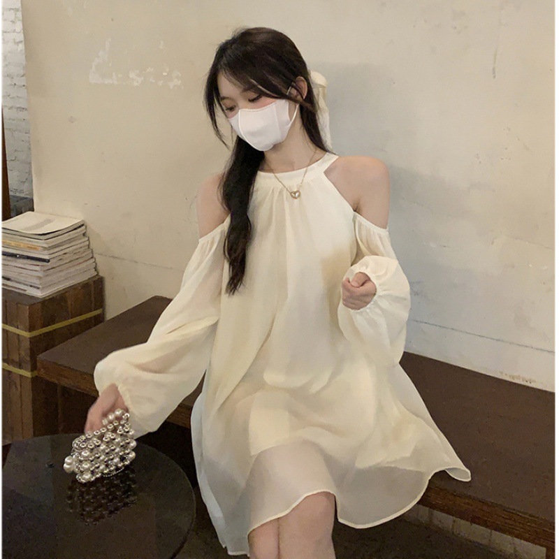 Strapless Neck Design Unique Dress Autumn 2023 New Loose Fashion Elegant White A- line Dress for Women