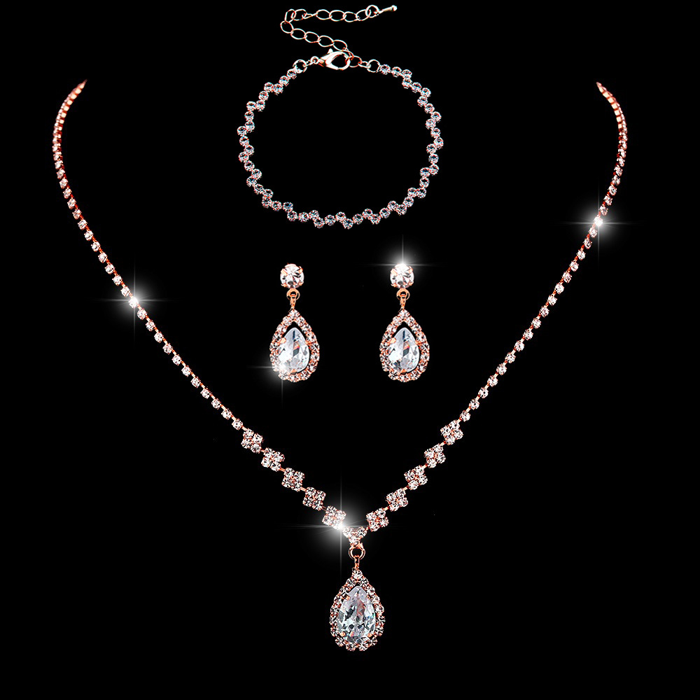 Picture of Brilliant diamond zircon water drop necklace earrings bride wedding jewelry shooting jewelry set wholesale