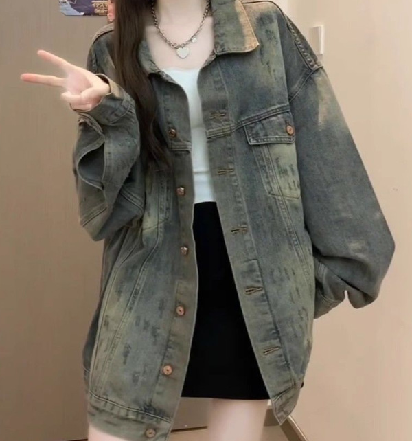 Picture of American washed autumn denim jacket for women, vintage 2025 design new loose jacket top, casual fashion