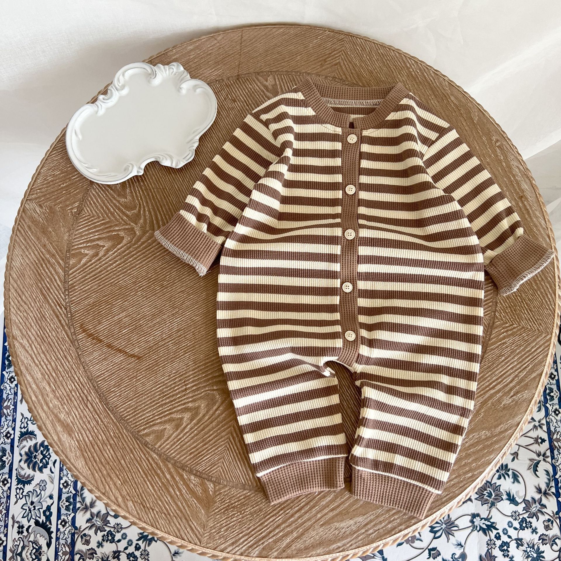 Picture of ins Korean style baby jumpsuit autumn new color matching striped baby romper sheath long romper