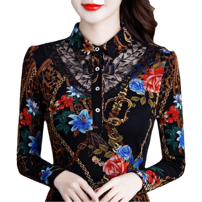 Lace plus velvet bottoming shirt 2021 autumn and winter New shirt collar plus velvet warm T-shirt top bottoming shirt thick