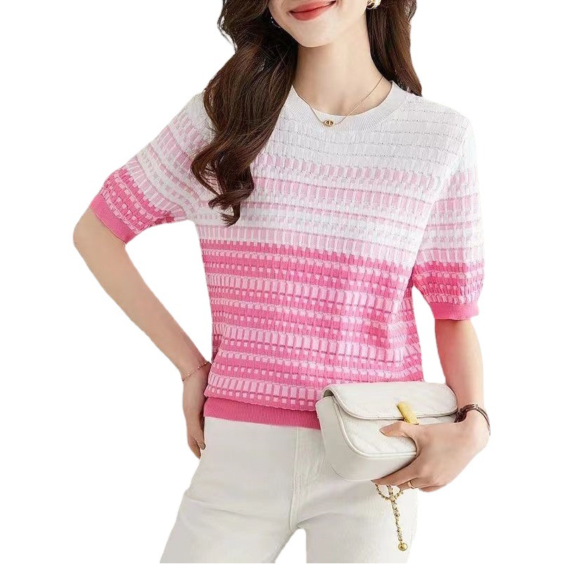 Crewneck Contrast Jacquard Plaid Short-sleeved Sweater Women's Summer Korean-style Fashionable Casual Slim-fit Age-reducing T-shirt Top