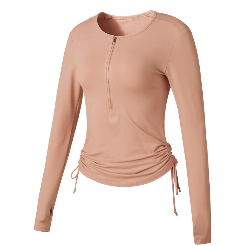 Stretch Quick-drying Sports T-shirt Women's Half-zipper Side Drawstring Set Finger Yoga Clothing Tight-fitting Slimming Fitness Long-sleeved Top