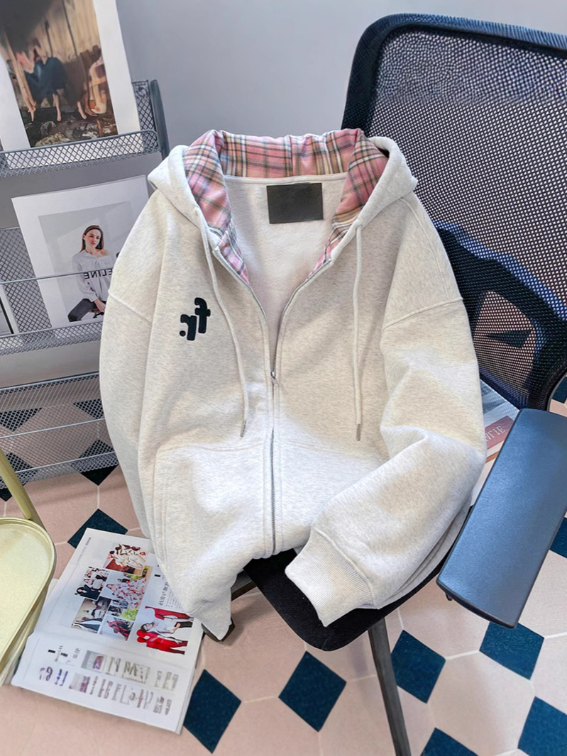 American Style Lazy Style Contrast Color Plaid Stitching Hooded Sweater for Men and Women Autumn and Winter Loose Design Niche Jacket Cardigan