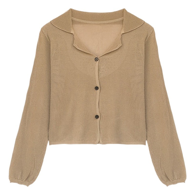 V-neck Hollow Long-sleeved Knitted Cardigan Women's Spring and Summer New Design Sense Loose Short Sunscreen Blouse Top