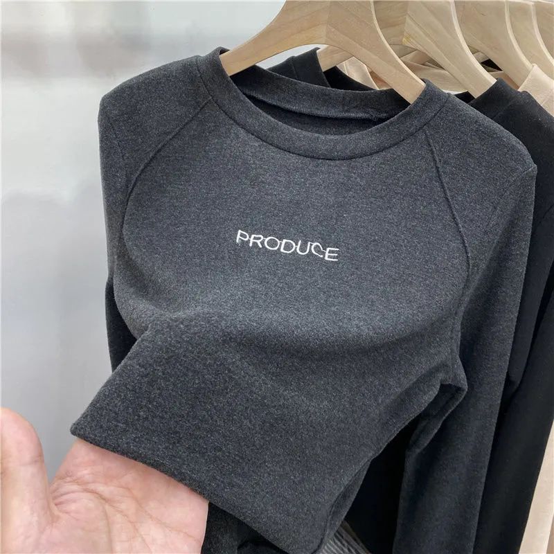 De velvet fleece-lined padded embroidery sanding warm bottoming shirt women's 2024 autumn and winter new long sleeve T-shirt jacket women