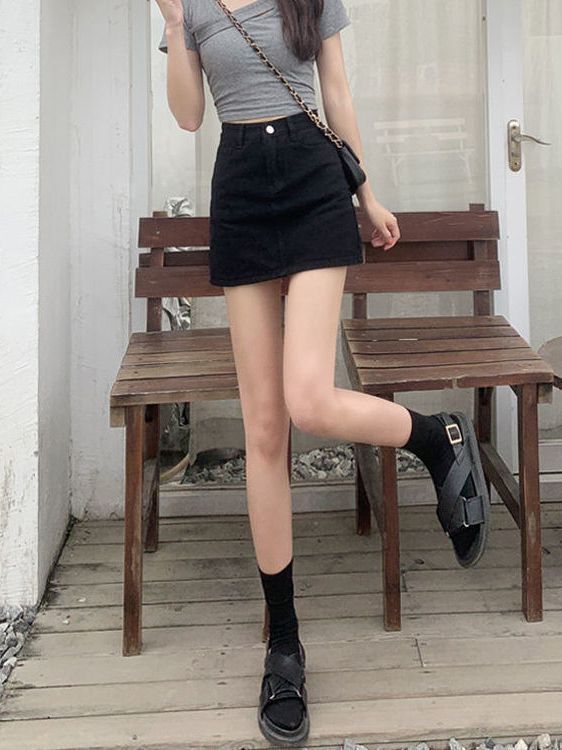 Picture of Black Denim short skirt for women 2023 new summer high waist slimming A- line skirt anti-exposure sheath skirt ins
