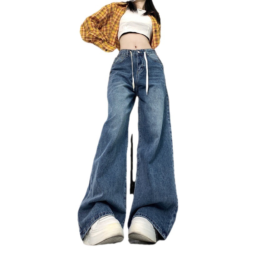American Style Retro Drawstring Design Sense Jeans High Waist Loose Slimming Straight Leg Wide Leg Trousers American Style Jeans