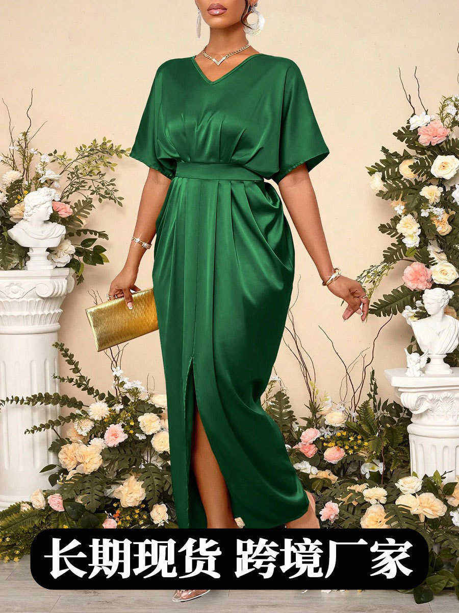 Foreign Trade Women's Clothing Cross-Border Early Autumn New Satin Dress European and American Ball Gown Satin Waist Long Skirt Wholesale