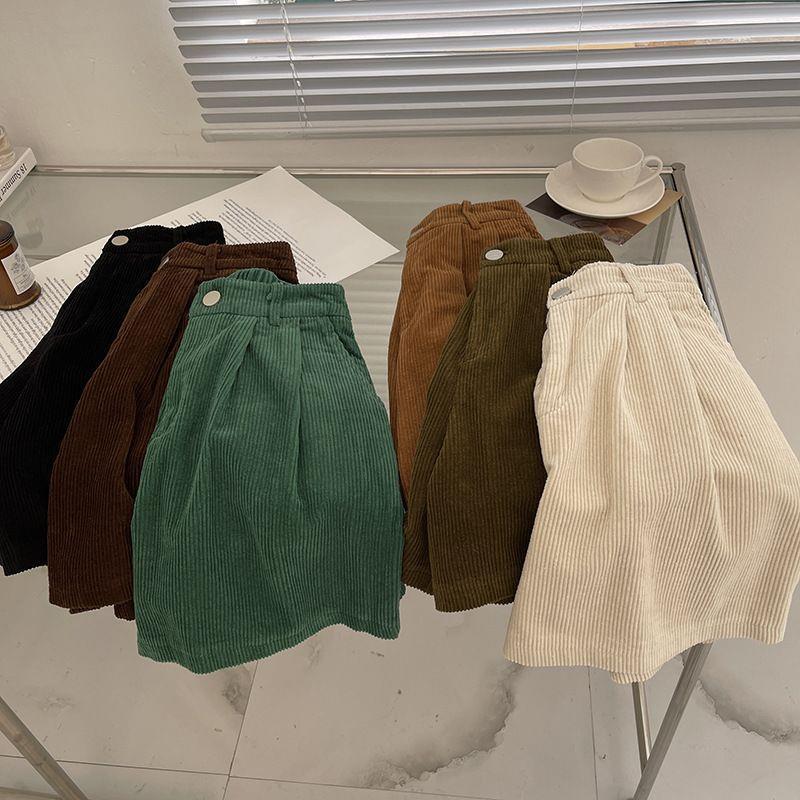 Women's Plus Size Chubby Girl Vintage Corduroy Shorts All-match A- line Wide-leg Boots Pants High Waist Loose Slimming Casual Pants