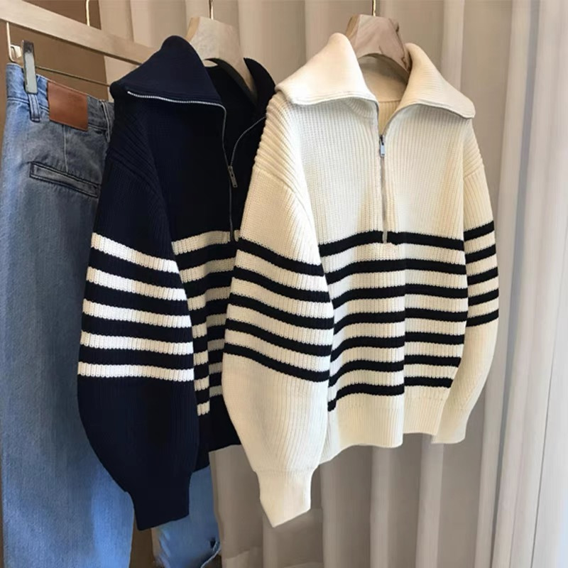French Retro Lapel Half-Zip Contrast Stripesd Knitwear Women's Autumn and Winter Lazy Style Pullover Knitwear Black One Size Fits All