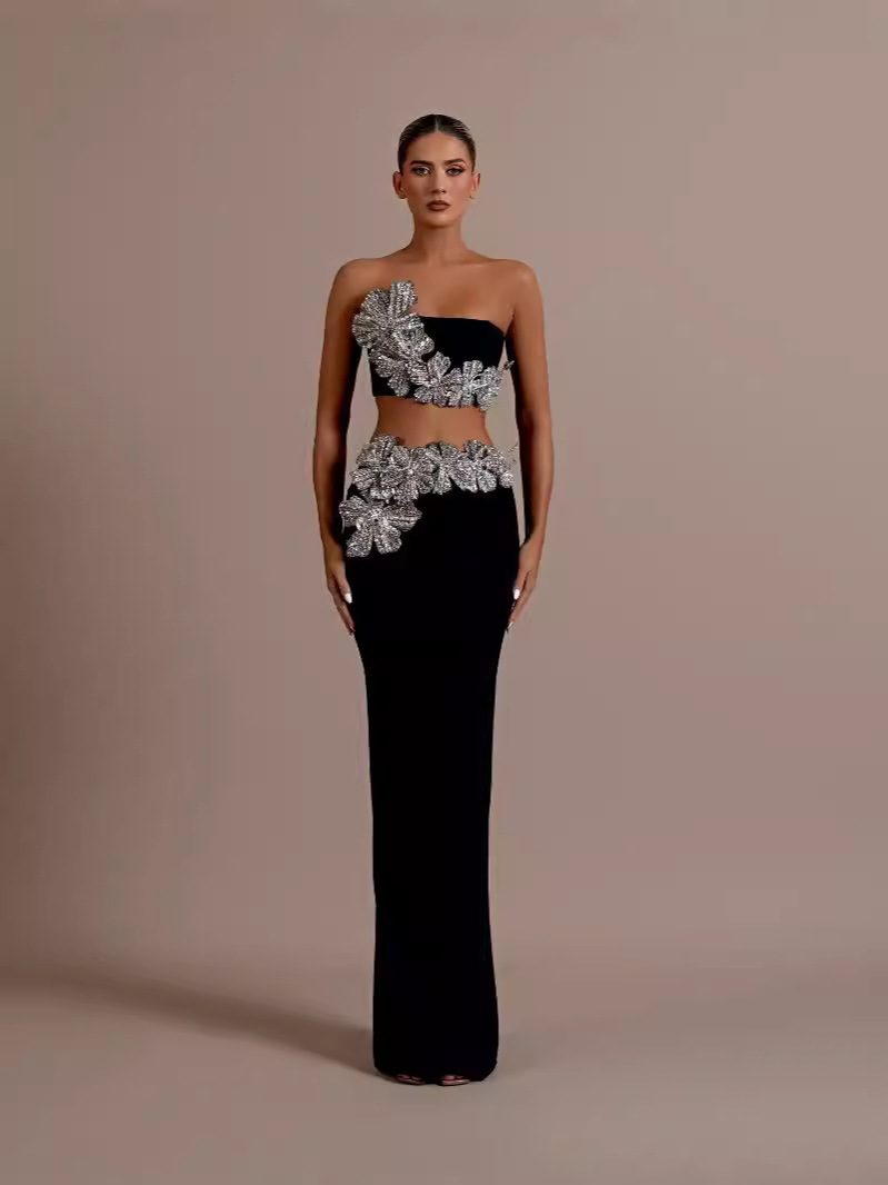 Amazon New Fashion Heavy Industry Tube Top Flower Drill Hip Bandage Long Dress Foreign Trade Party Two-Piece Dress