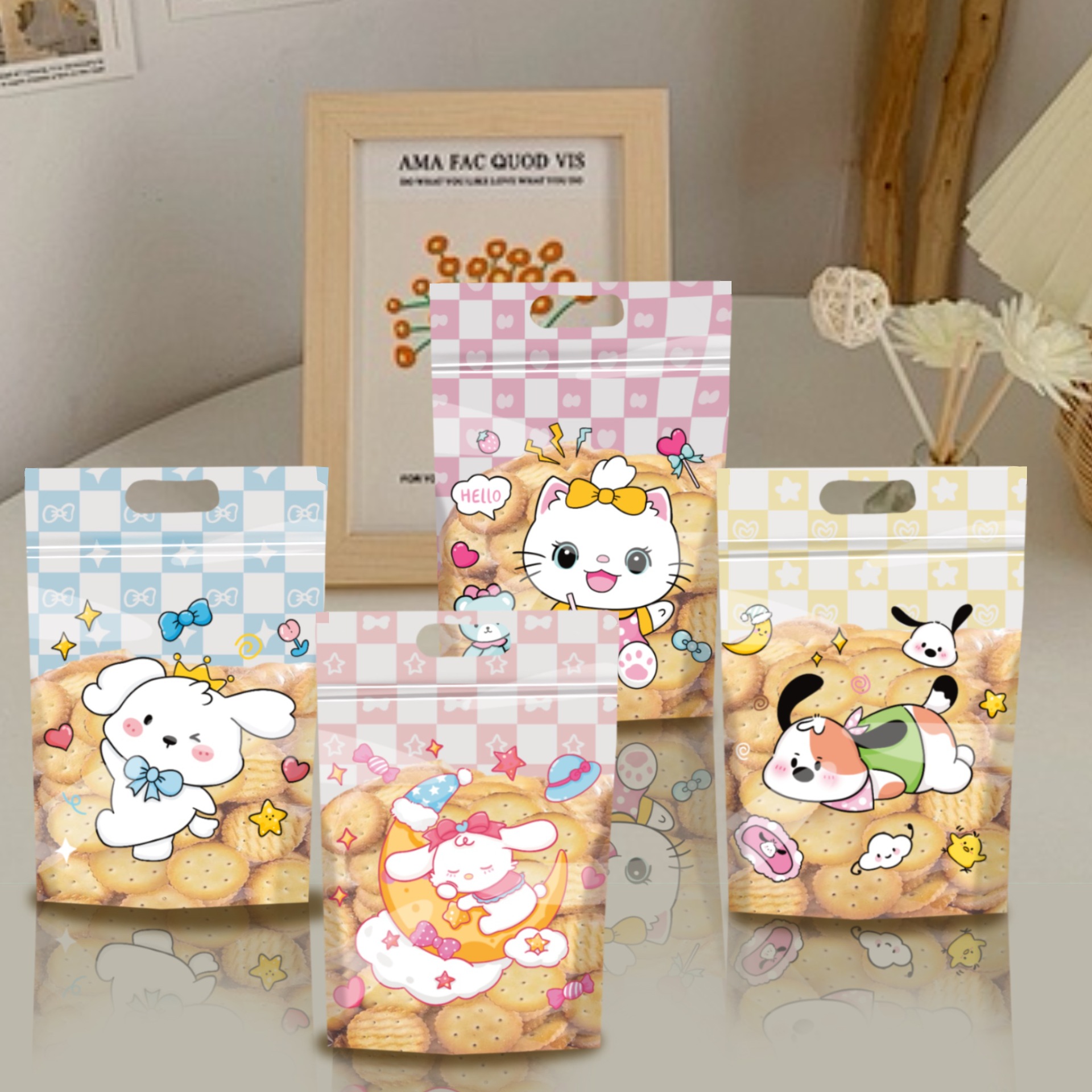 Cartoon Cute Plaid Biscuit Candy Stand-Up Bag Snowflake Pastry Packaging Bag Zipper Ziplock Bag Snack Seal Bag