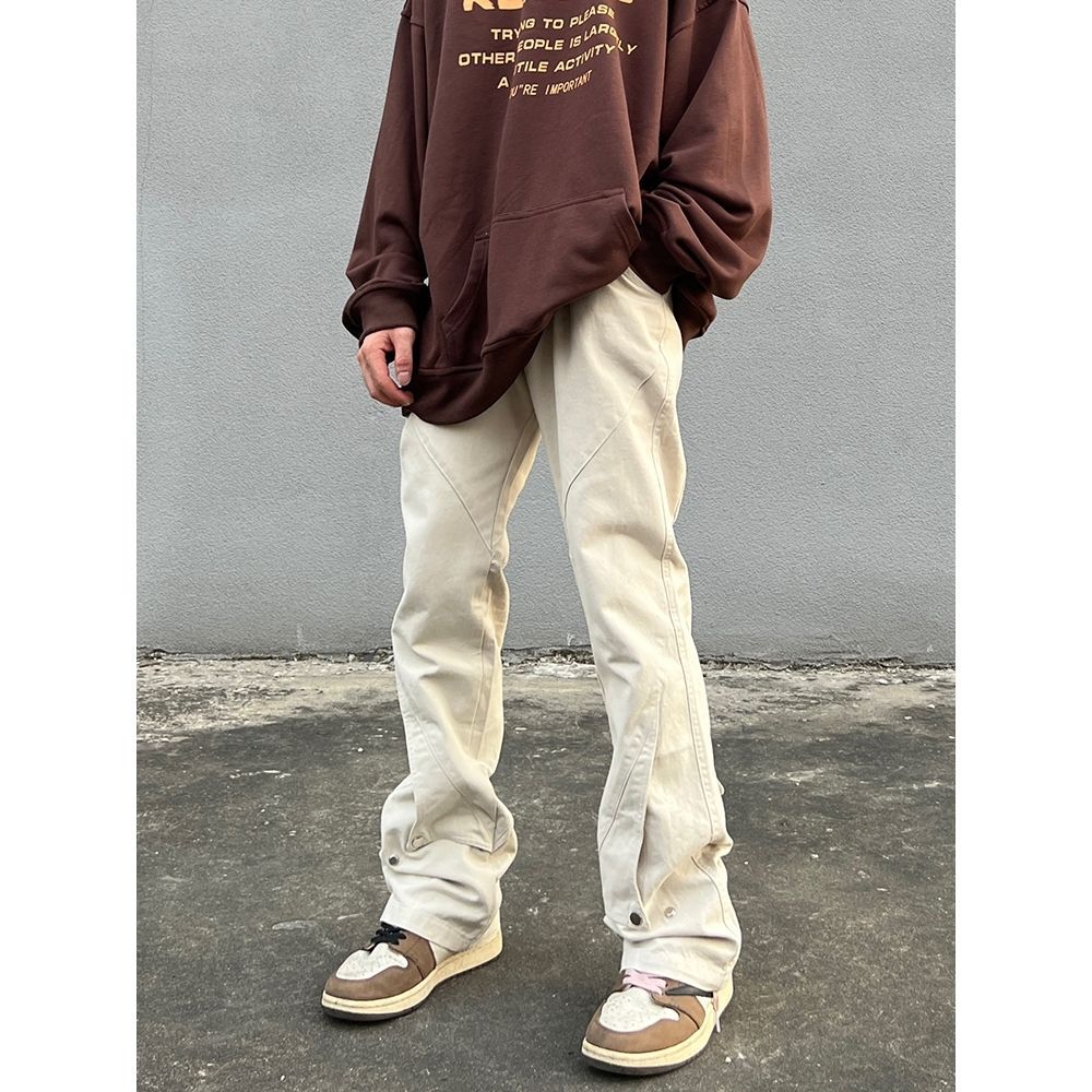 vibe national tide high street pants button design sense pants overalls men's loose straight slim Micro flared pants tide