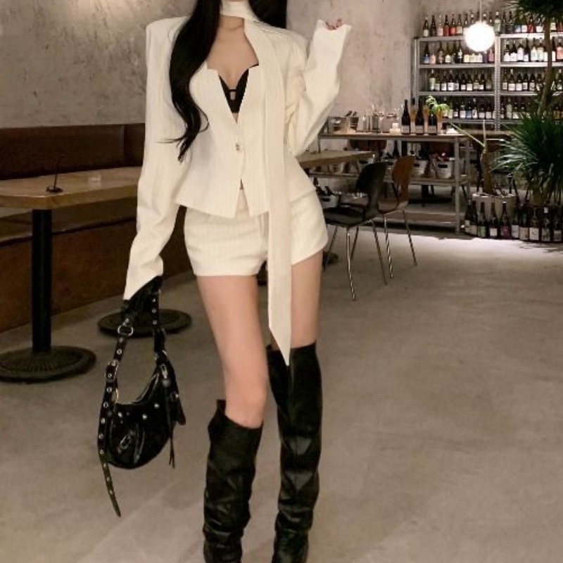 Korean Style Stripesd Ribbon Long-Sleeved Suit Jacket Top Fashion Suit Women's Summer High-Waisted A-Line Shorts Two-Piece Set
