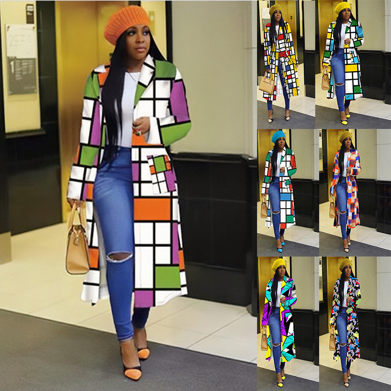 European and American Cross-border Amazon Color Contrast New Windbreaker plus size Plaid Printed Double-breasted Lapel Coat Jacket