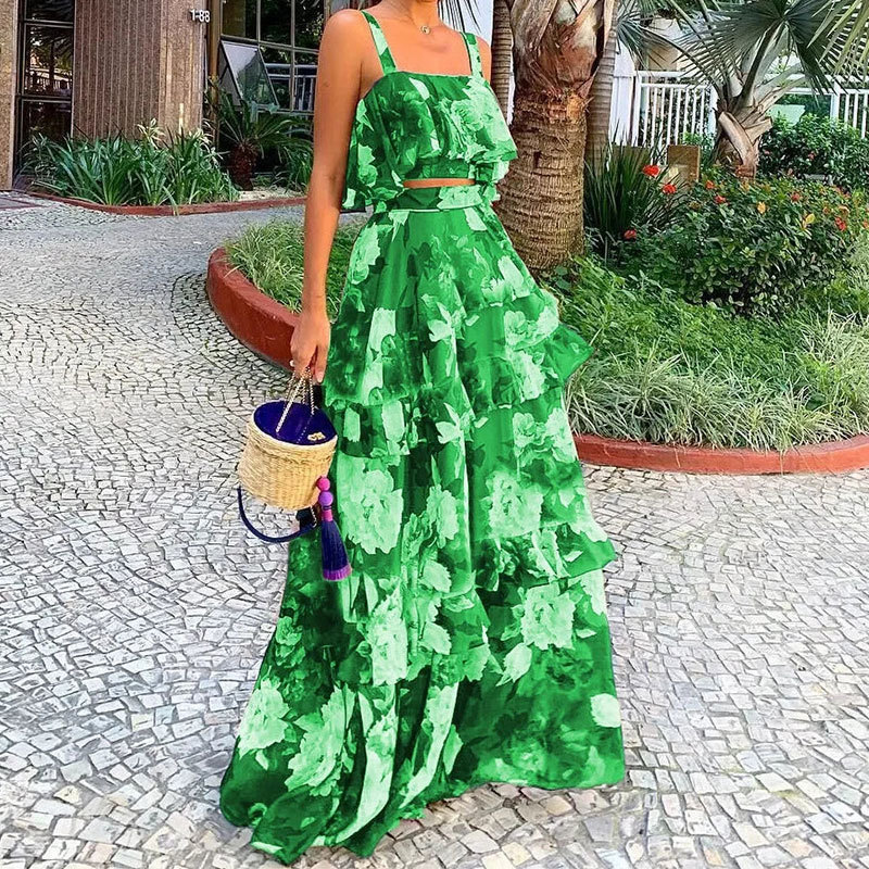 New European and American Clothing Beach Resort Style Printed Two-Piece Suspender Top Cake Skirt Long Skirt Suit