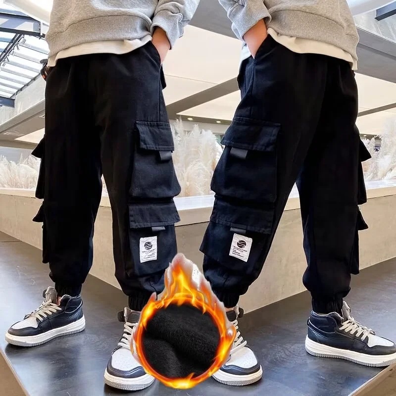 Picture of Boys' Fleece-lined Pants on behalf of Children's Winter Loose Casual Pants for Large Children and Boys One-piece Fleece Overalls Cross-border