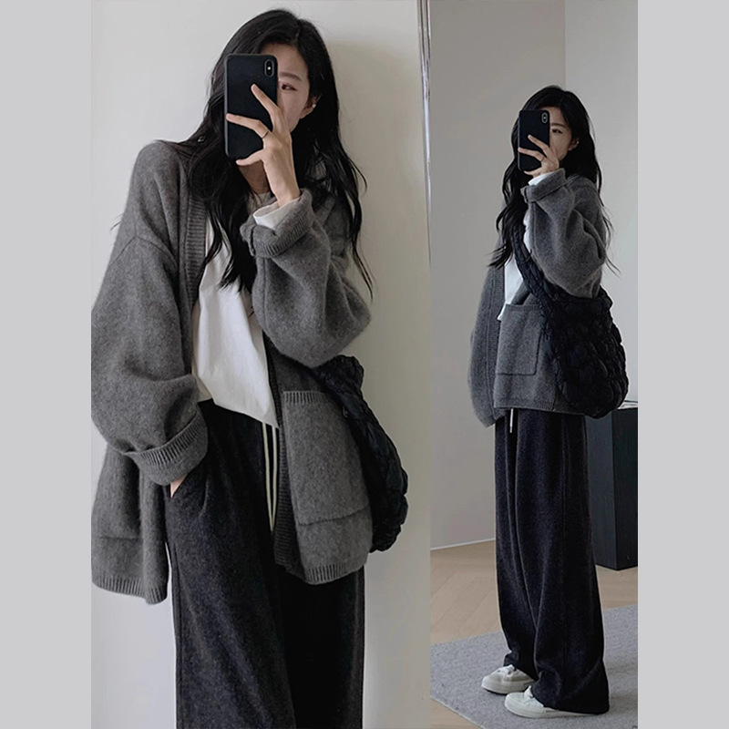 Cross-border Lazy Style Grey Sweater Cardigan Coat Women's Autumn and Winter New High-end Sense Loose Knitted Top